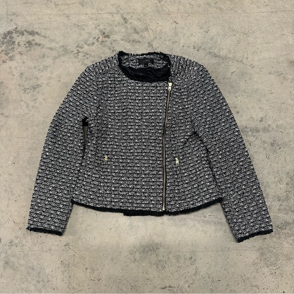 J. Crew Jackets & Blazers - J Crew Tweed Zip Up Moto Jacket Black Fringed Size 8
